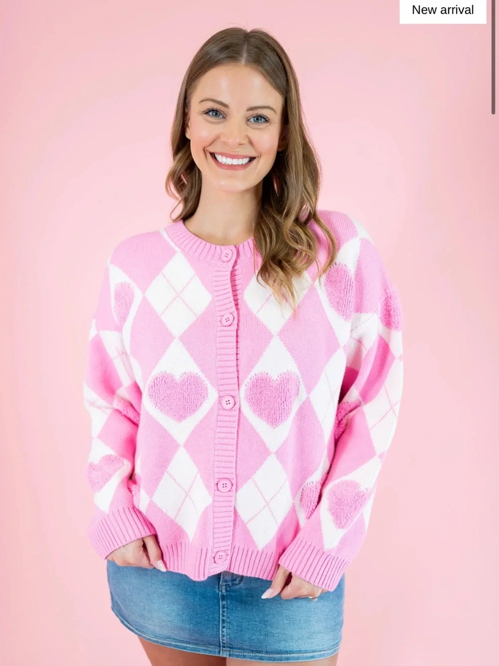 Le lis Pink Heart Argyle Button-Up Sweater Cardigan